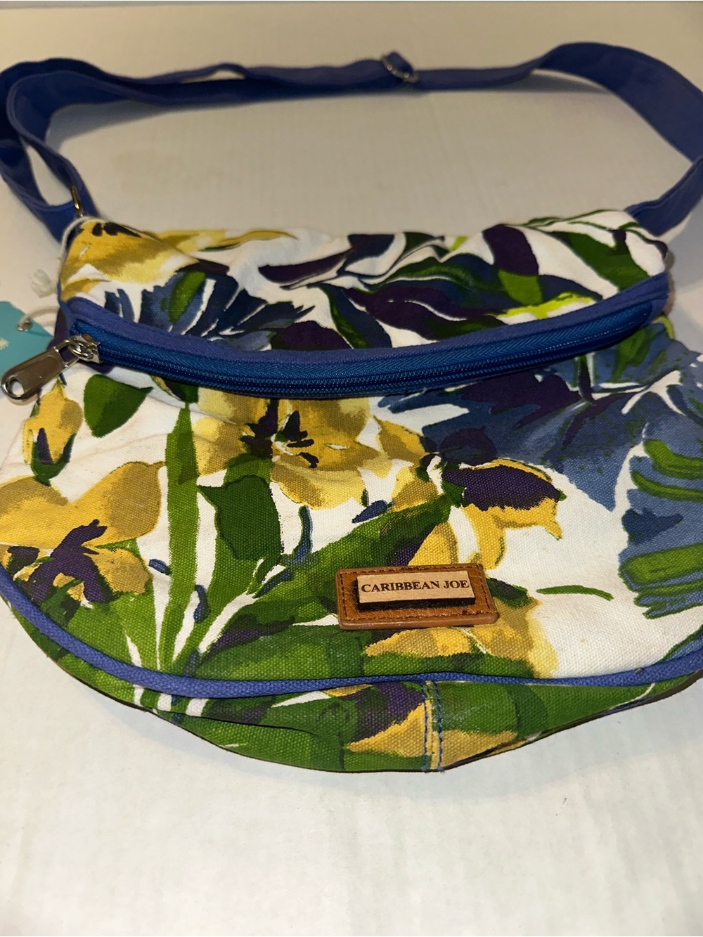 Caribbean Joe Crossbody Bag Blue Yellow Tropical Palm Print Canvas Shoulder Bag - Picture 2 of 6